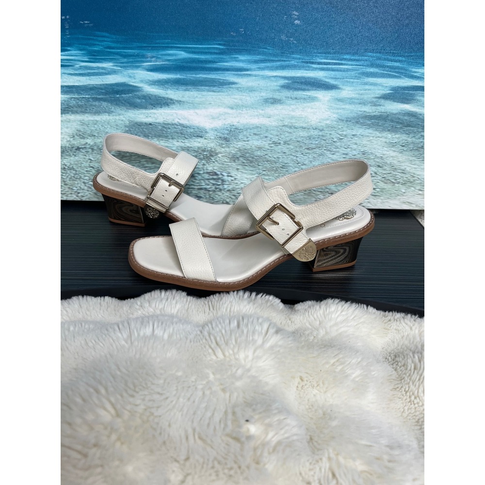 👟Vince Camuto Women White Pebbled Leather Gold Block Heel Buckle Sandals Size11 - Picture 6 of 11